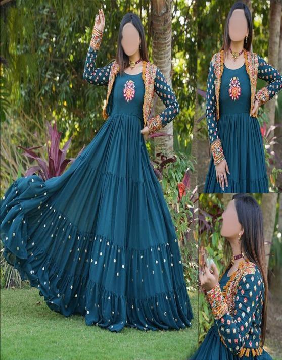 Stunning Maxi Suit & Koti Ensemble - 2 Pcs, Embroidered Shalmose Silk