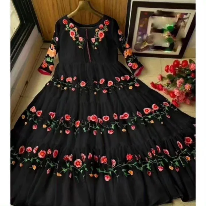 1 Pc Women's Stitched Crinkle Chiffon Embroidered Maxi