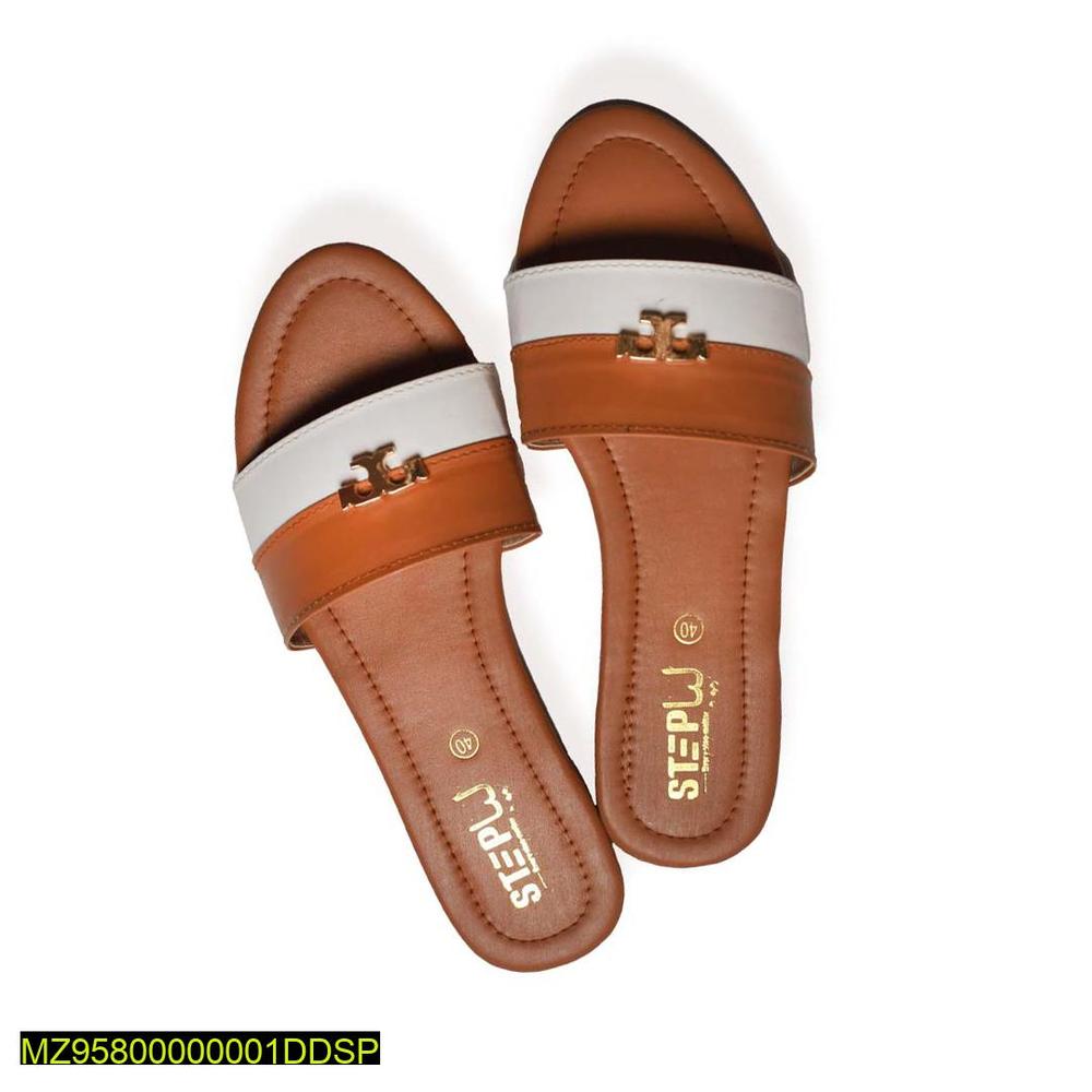 Brown Rexine Slides with Gold Logo for Women
