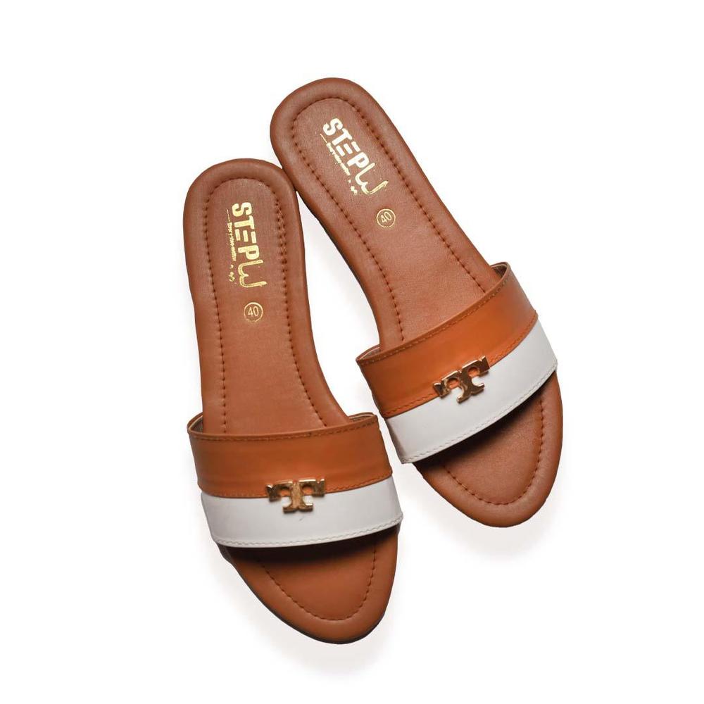 Brown Rexine Slides with Gold Logo for Women