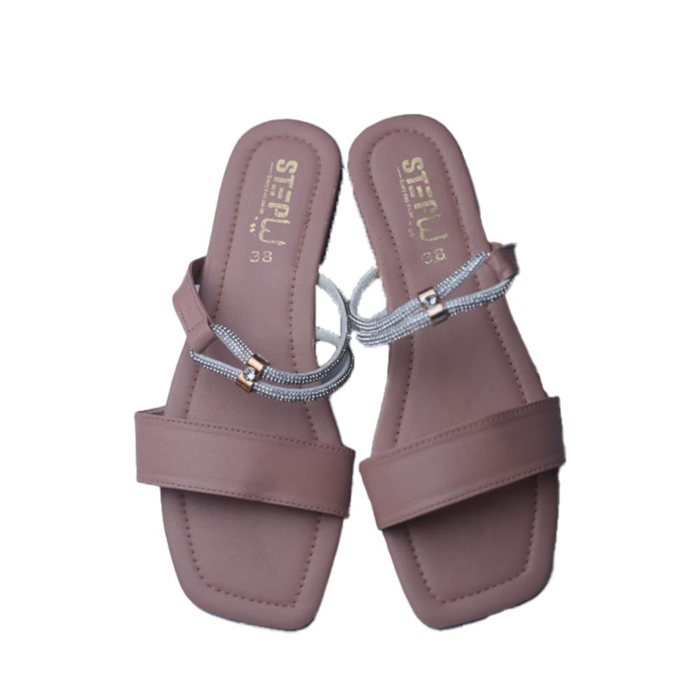 Peach Rexine Flat Sandals with Metallic Strap