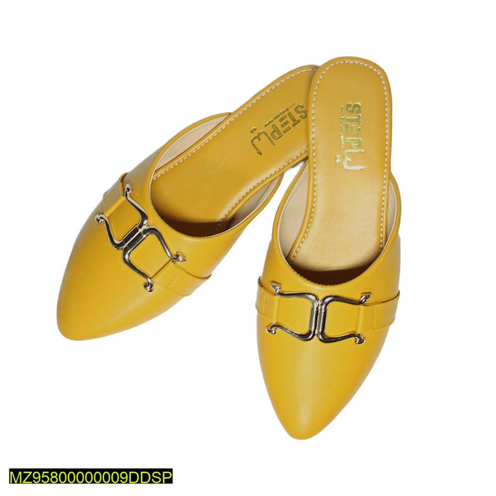 Yellow Pointed Toe Mules with Metallic Buckle