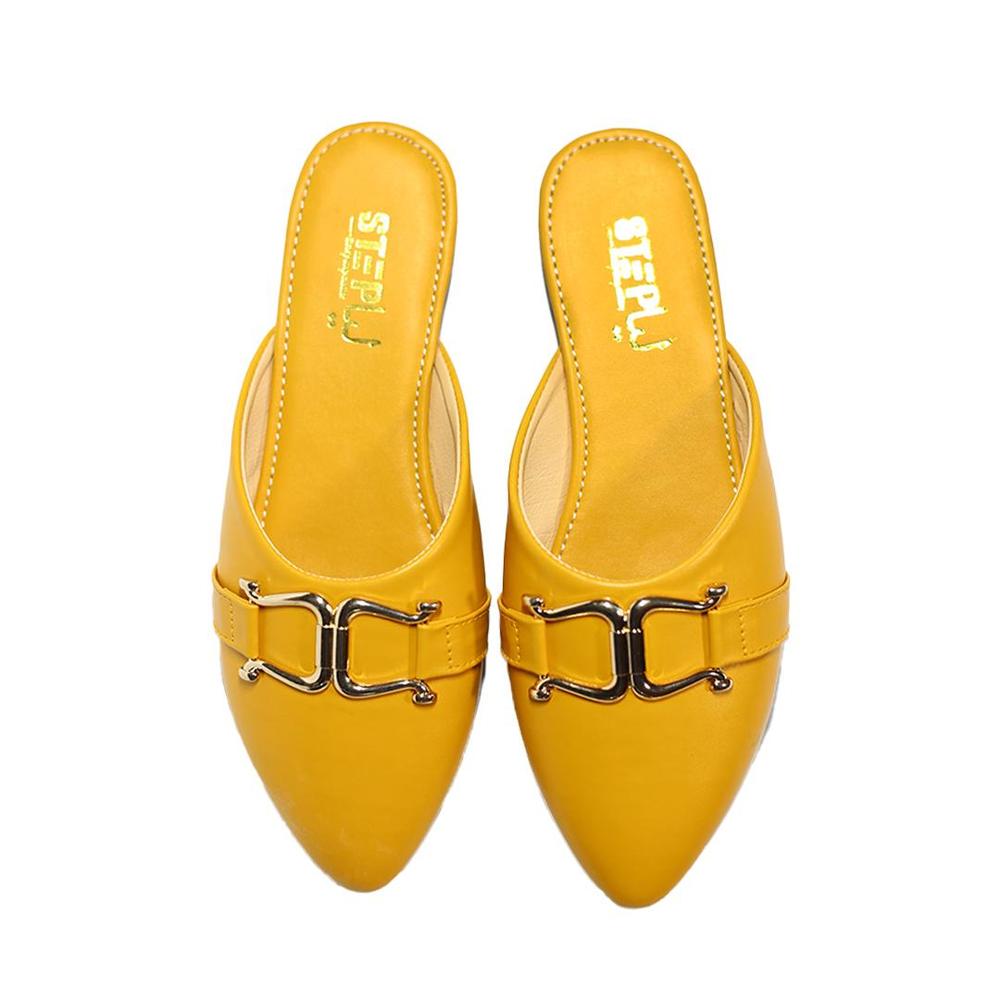 Yellow Pointed Toe Mules with Metallic Buckle