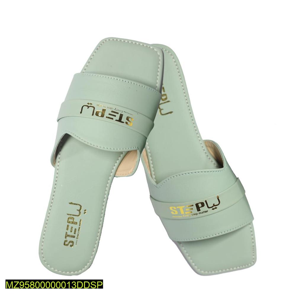 Green Rexine Slides for Women with Gold Embroidery
