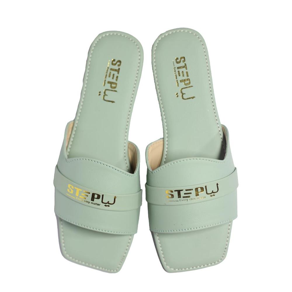 Green Rexine Slides for Women with Gold Embroidery