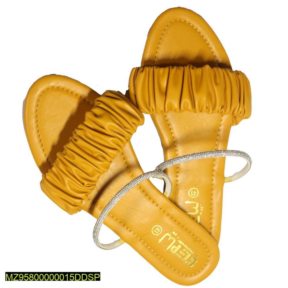 Yellow Rexine Flat Sandals with Sparkle Ankle Band