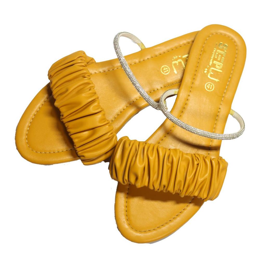 Yellow Rexine Flat Sandals with Sparkle Ankle Band