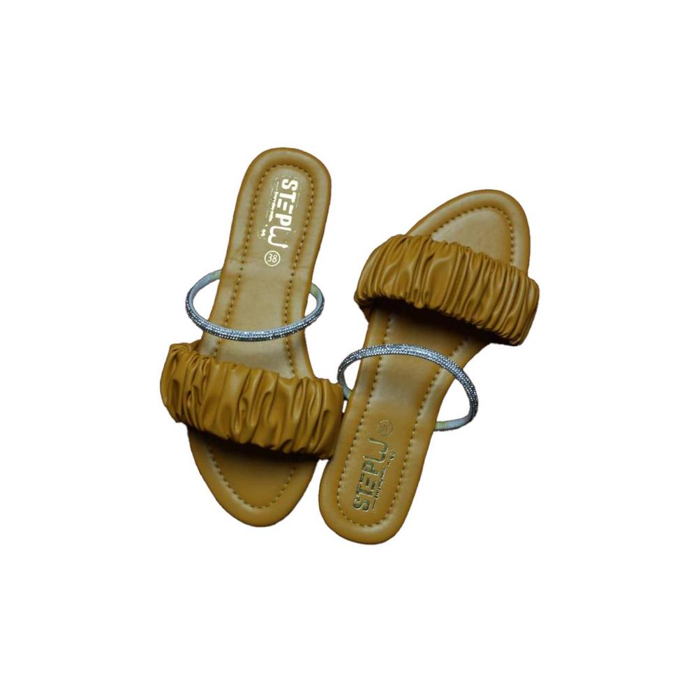 Yellow Rexine Flat Sandals with Sparkle Ankle Band