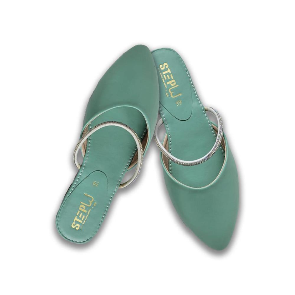 Green Pointed Toe Rexine Slides for Women