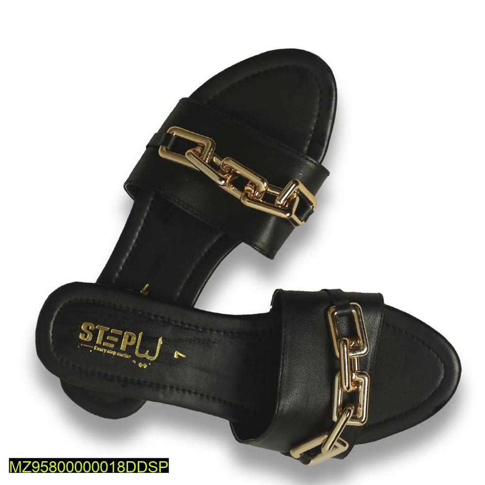 Black Rexine Flat Sandals with Gold Chain Strap