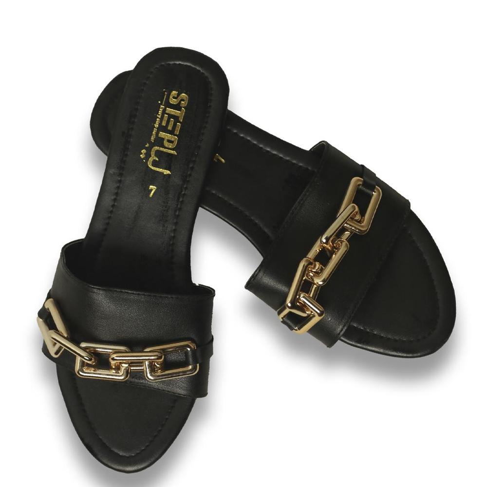 Black Rexine Flat Sandals with Gold Chain Strap