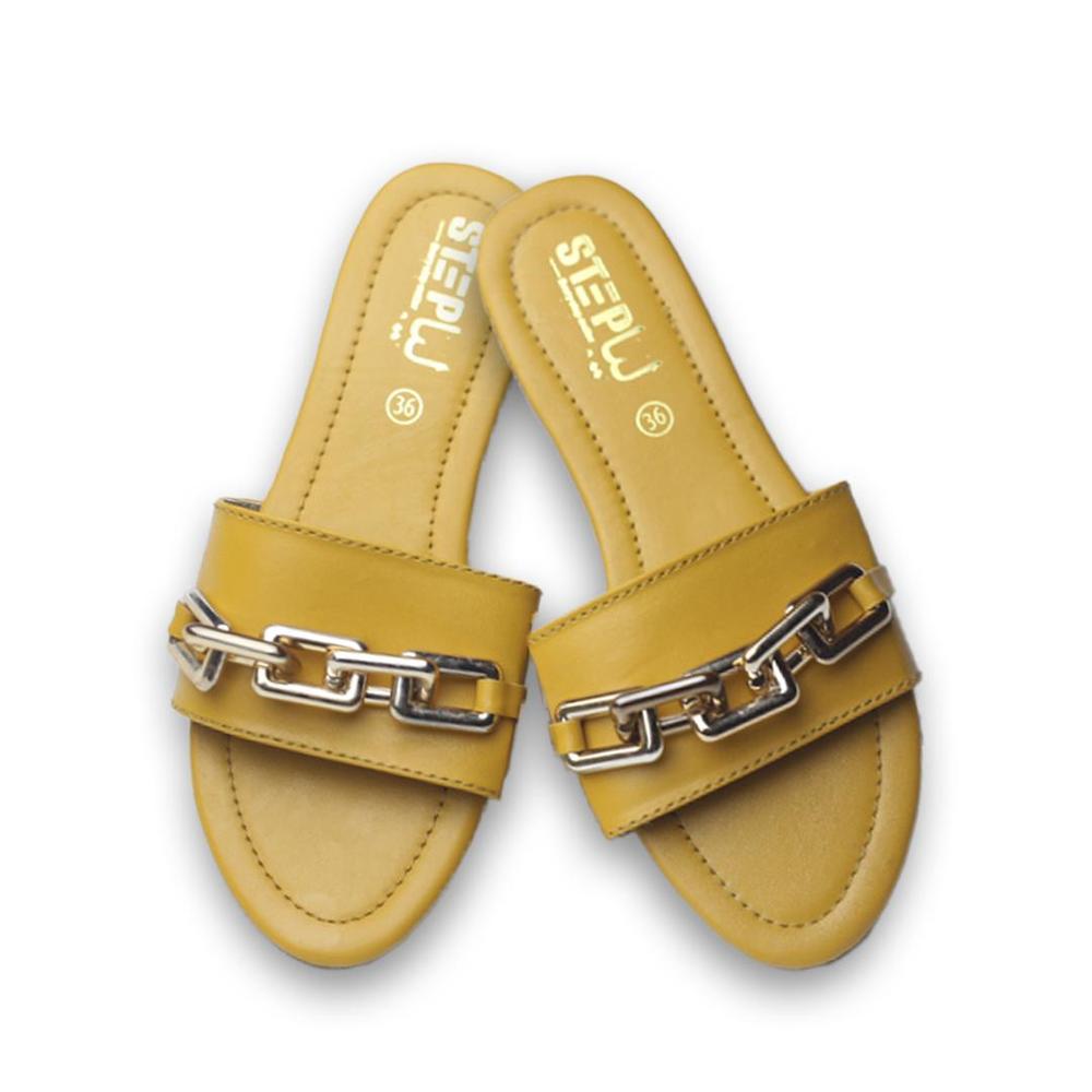 Yellow Chain Buckle Flat Sandals for Women