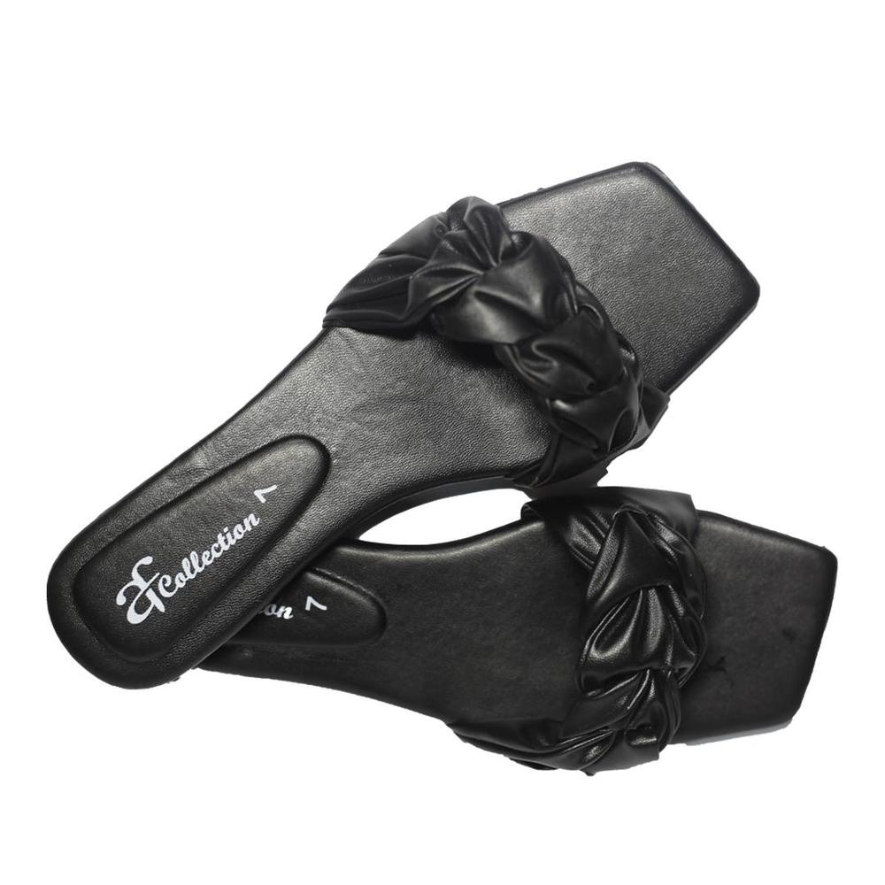 Black Ruffled Bow Slippers with Square Toe
