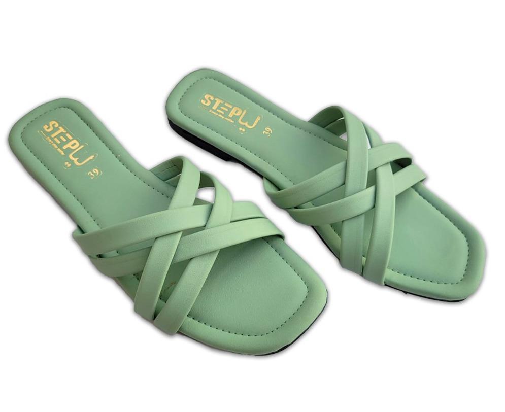 Green Rexine Cross Strap Slides Size 39
