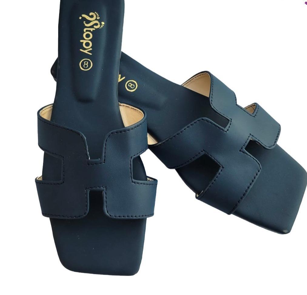 Women's Black Rexine H-Strap Flat Sandals Size 6-11