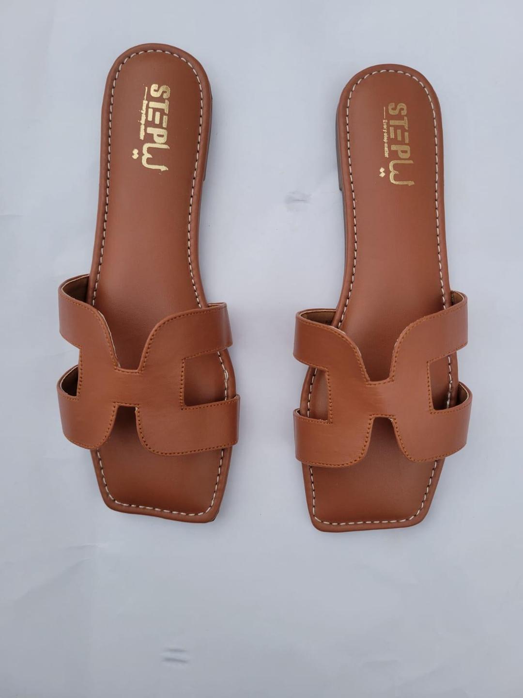 Women's H-Strap Brown Rexine Slides Size 6-11