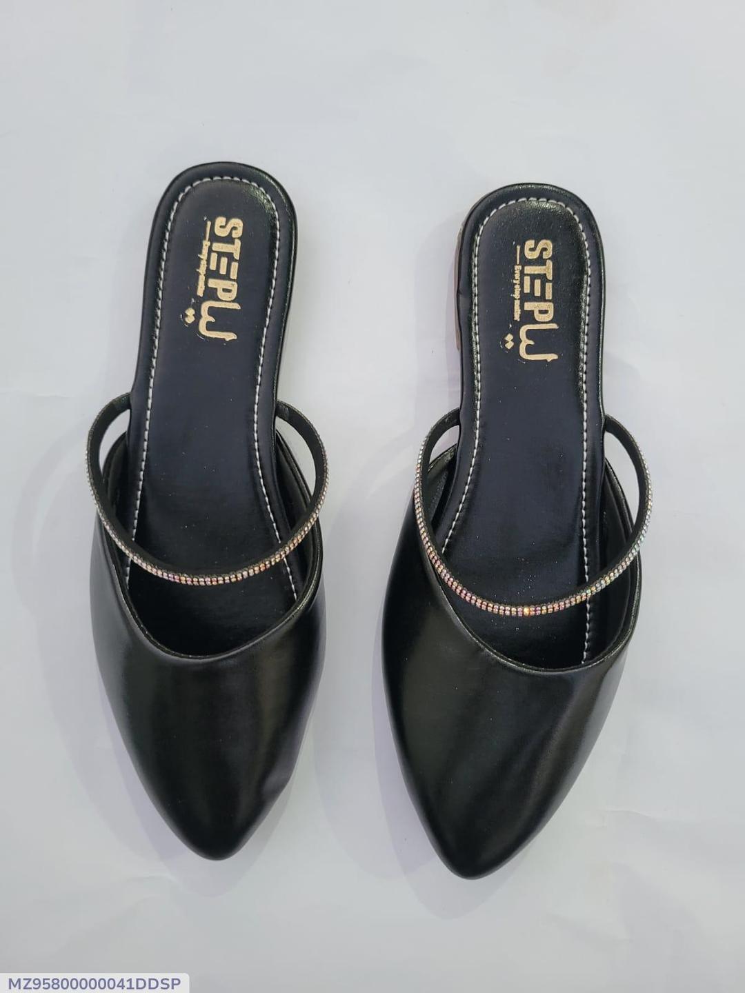 Black Pointed Toe Mules with Rhinestone Strap