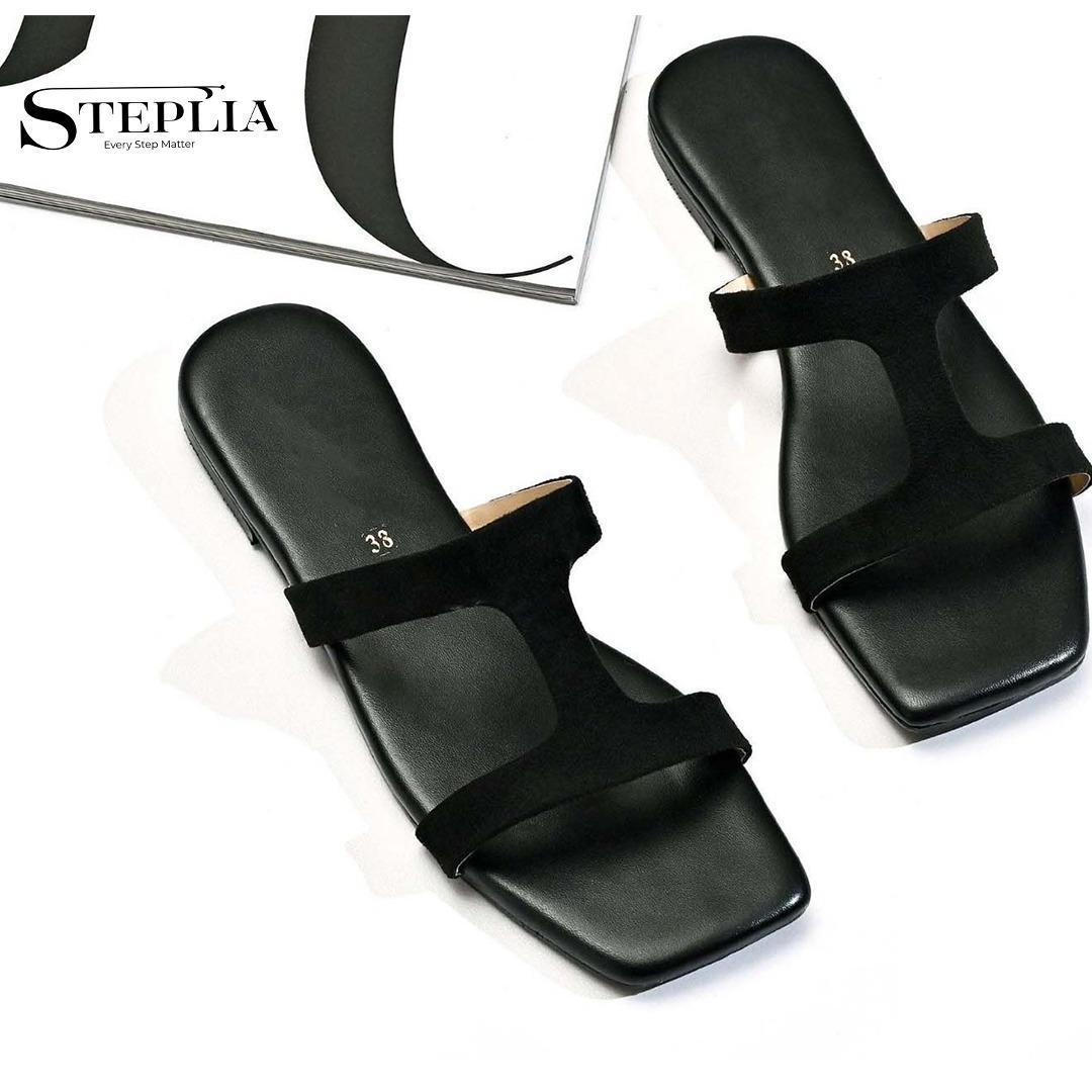 Women's Black Rexine T-Strap Slippers Flat Sole