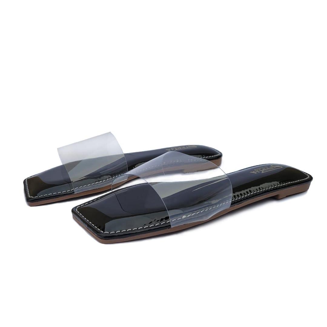 Women's Black Transparent Strap Flat Sandals Size 6-11