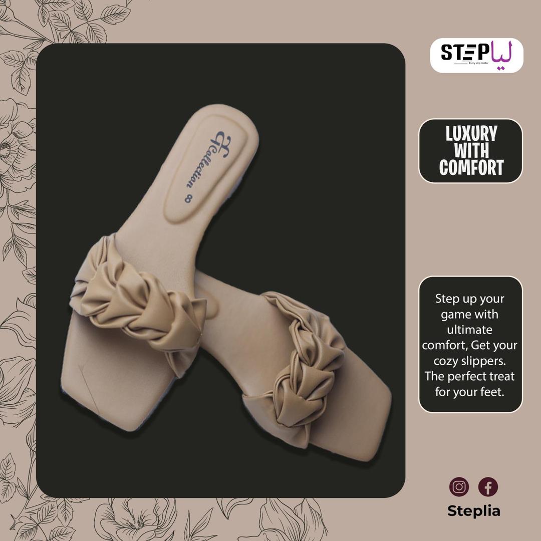 Women's Beige Rexine Bow Slippers Flat Square Heel