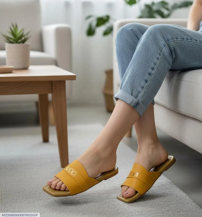 Women's Yellow Rexine Slippers with Printed Logo