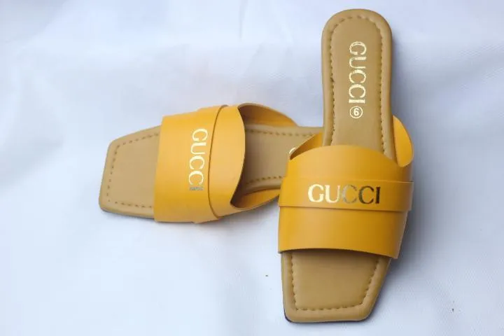 Women's Yellow Rexine Slippers with Printed Logo