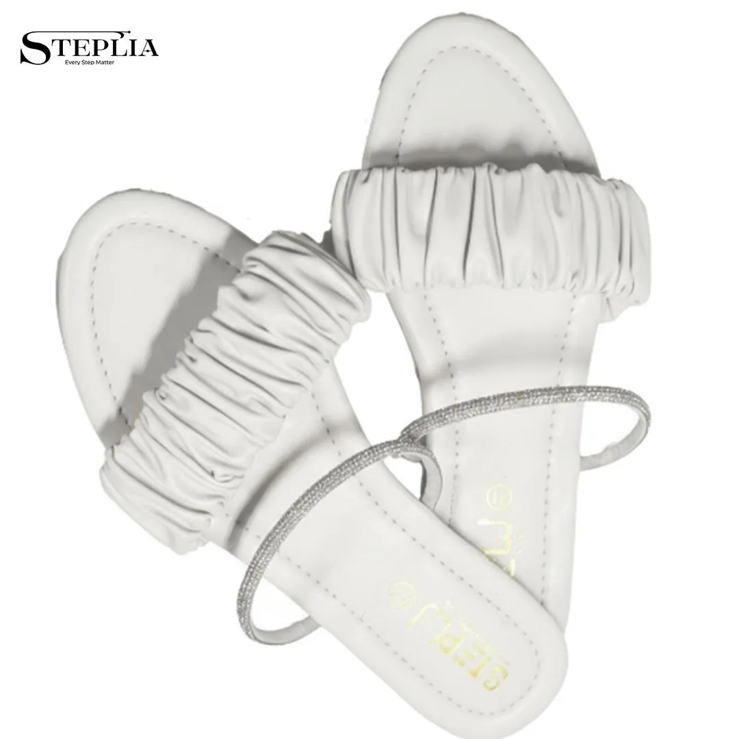 White Rexine Women's Flat Flats with Ruffled Strap