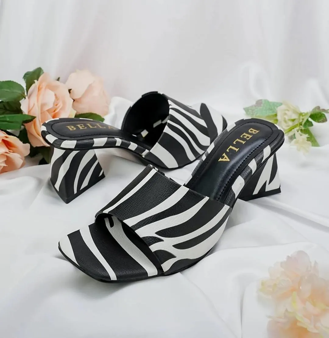 Women's Black White Striped Heels Rexine Square Toe