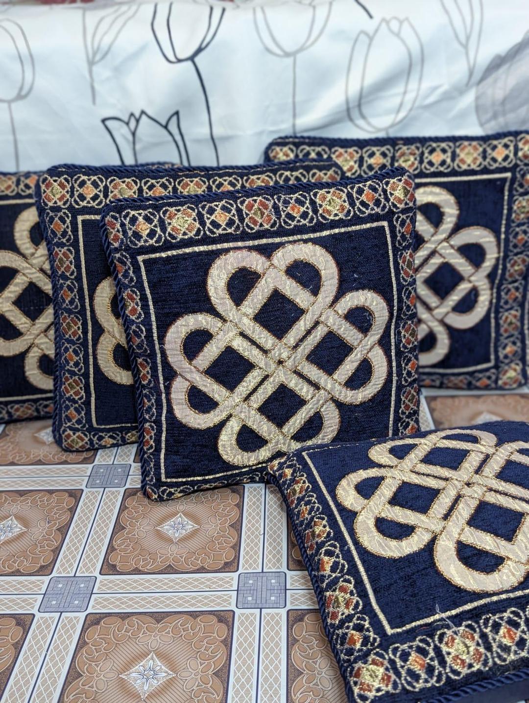 Luxurious Blue Velvet Embroidered Cushion Covers - 5 Pcs Set