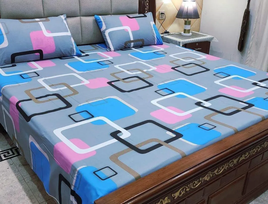 3 Pcs Cotton Printed Double Bedsheet