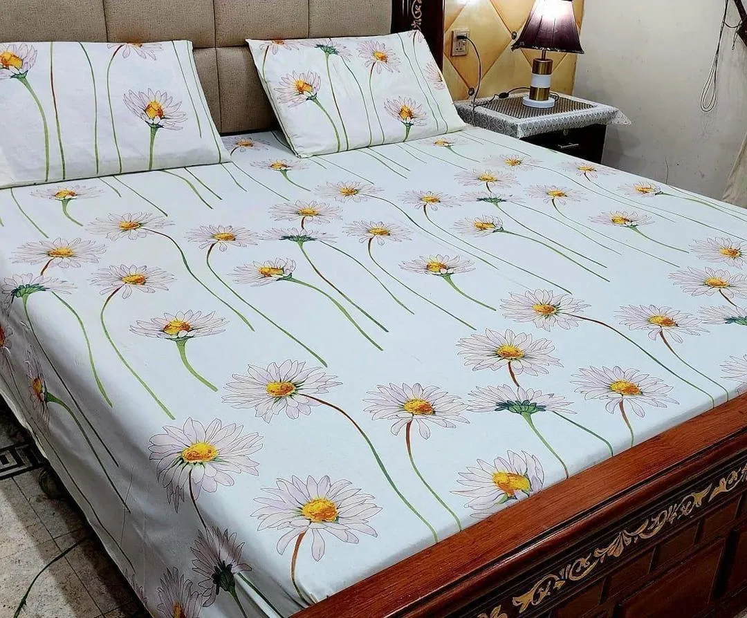 3 Pcs Cotton Printed Double Bedsheet