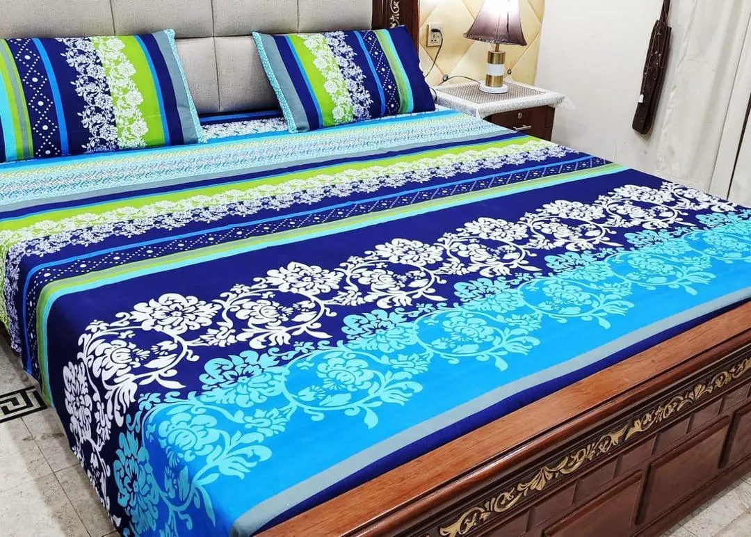 3 Pcs Crystal Cotton Printed Double Bedsheet