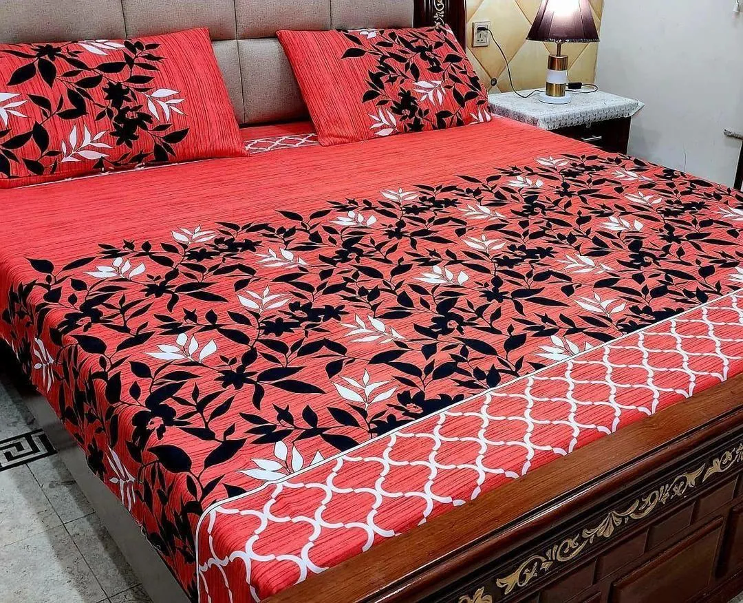 3 Pcs Crystal Cotton Printed Double Bedsheet
