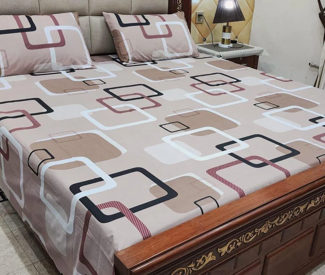 3 Pcs Cotton Printed Double Bedsheet