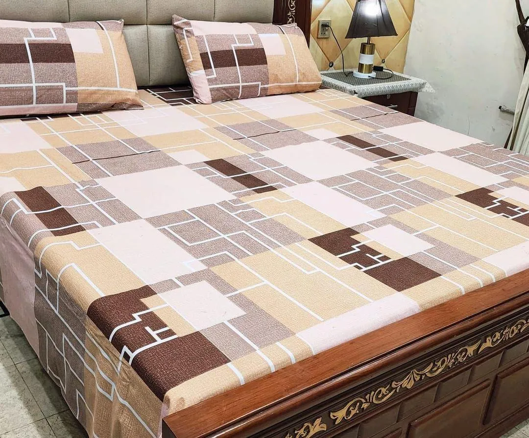 3 Pcs Cotton Printed Double Bedsheet