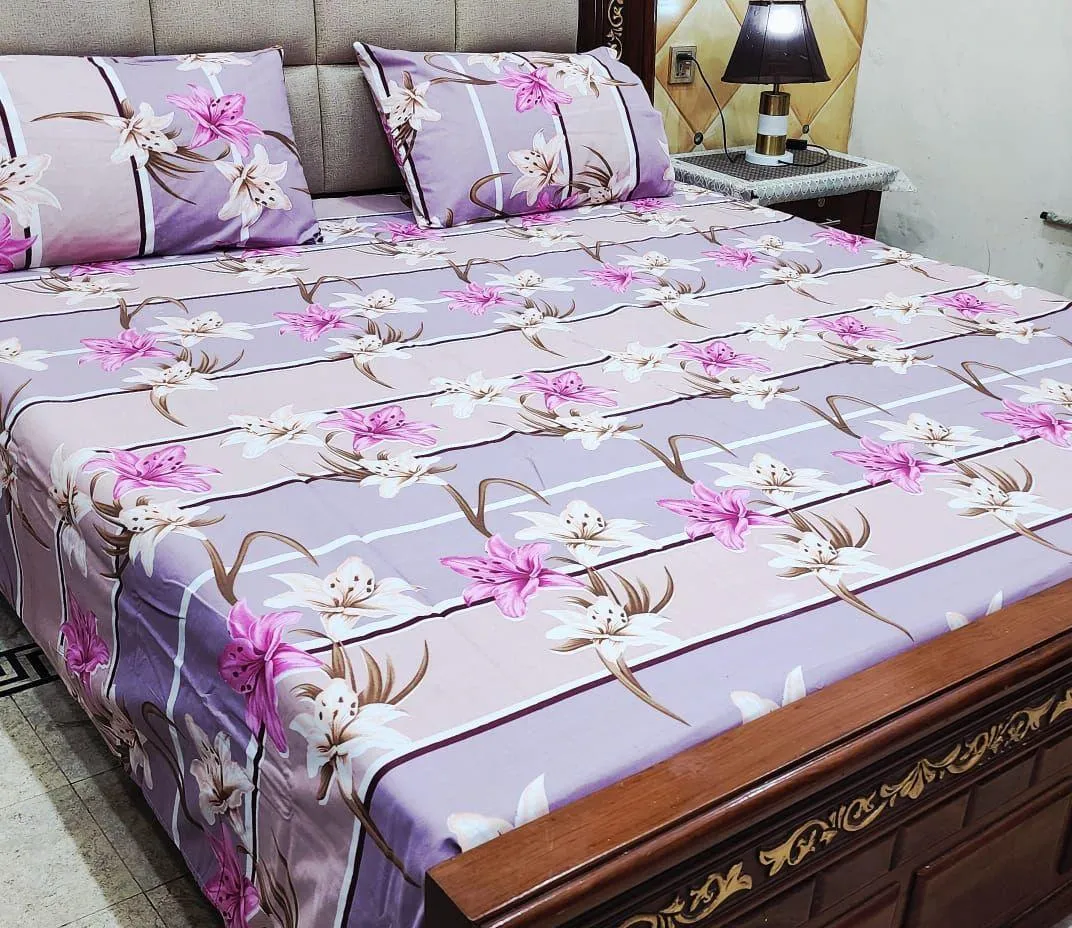 3 Pcs Cotton Printed Double Bedsheet