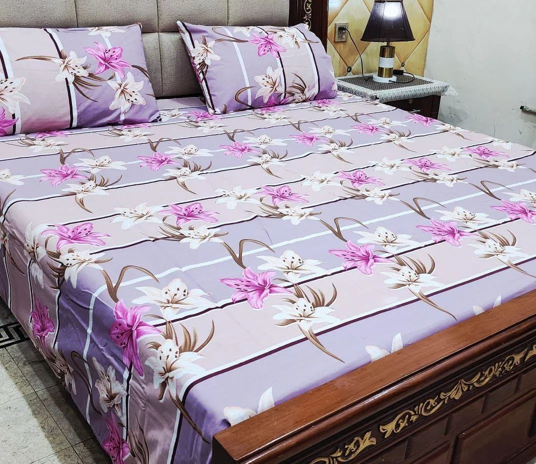 3 Pcs Cotton Printed Double Bedsheet