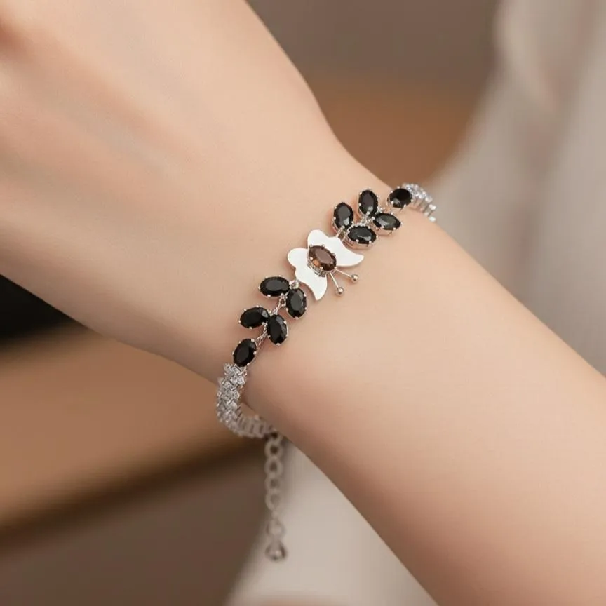 Silver Butterfly Bracelet with Red & Black Stones for Women