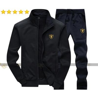 Men's Fleece Track Suit - 2 Pcs - Black - Plain Collar Design