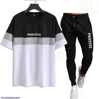 Men Black White Positive Print T-Shirt Trouser Set