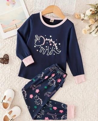 2 Pcs Girl's Cotton Jersey Printed Pajama and Shirt Set - Ages 1-10 Years
