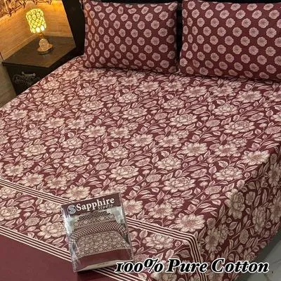 3 Pcs Cotton Printed Double Bedsheet
