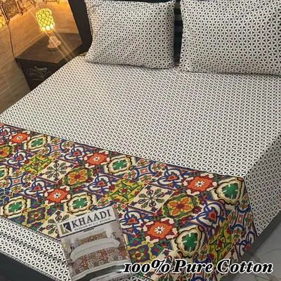 3 Pcs Cotton Printed Double Bedsheet