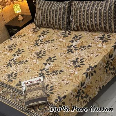 3 Pcs Cotton Printed Double Bedsheet