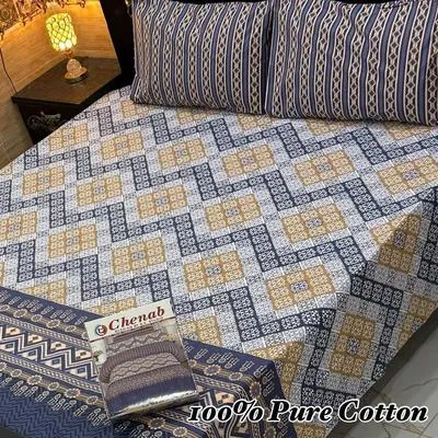3 Pcs Cotton Printed Double Bedsheet