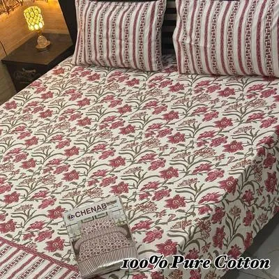 3 Pcs Cotton Printed Double Bedsheet