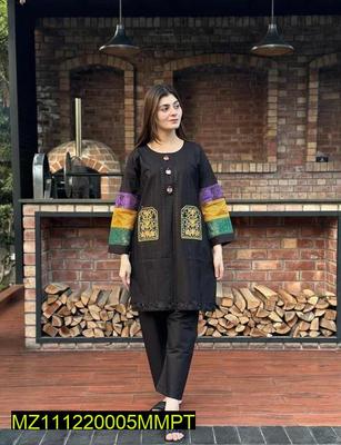 2 Pcs Women's Stitched Cotton Embroidered Shirt And Trouser thumbnail 3