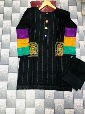 2 Pcs Women's Stitched Cotton Embroidered Shirt And Trouser thumbnail 2