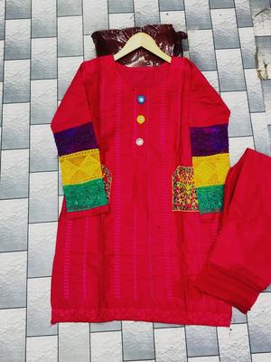 2 Pcs Women's Stitched Cotton Embroidered Shirt And Trouser thumbnail 2
