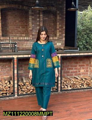 2 Pcs Women's Stitched Cotton Embroidered Shirt And Trouser thumbnail 4